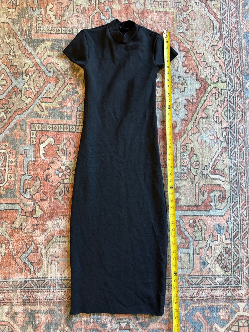 Zara Black Short-Sleeve Midi Mock Neck Dress
